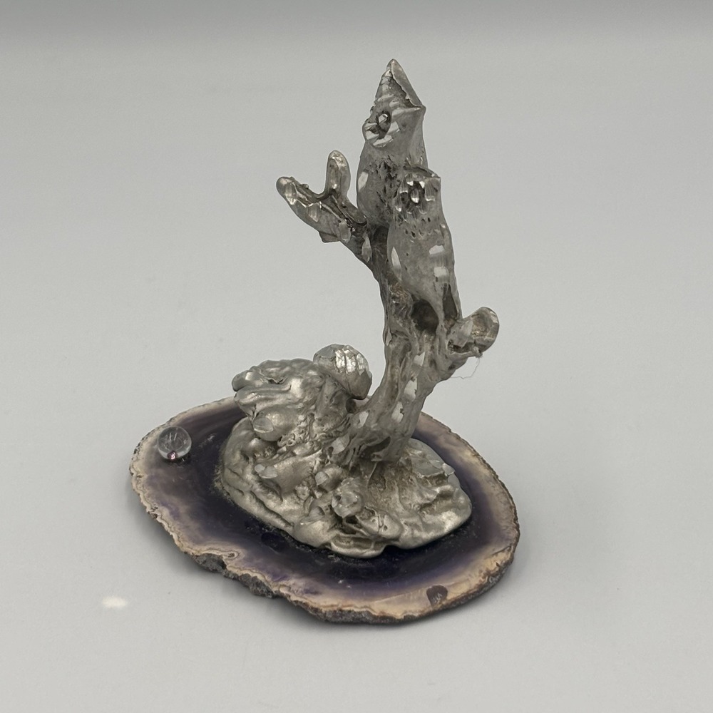 Vintage Pewter Owls On Branch with Mushrooms Figure on Purple Agate - Picture 10 of 16
